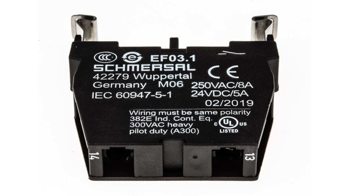Blocco contatti Schmersal EF03.1, 1 NA per arresto di emergenza, dimensioni 46x10x60mm, montaggio a vite, grado di protezione IP40.