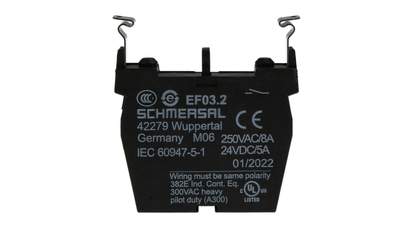 Schmersal EF03.2, modulo contatti 1 NA per arresto di emergenza, dimensioni 46 x 10 x 60 mm, grado di protezione IP40.