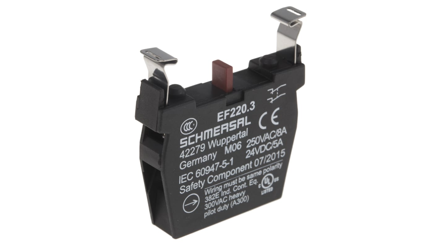 Blocco contatti Schmersal EF220.3, 2NC per arresto di emergenza, dimensioni 46 x 10 x 60 mm, grado di protezione IP20.
