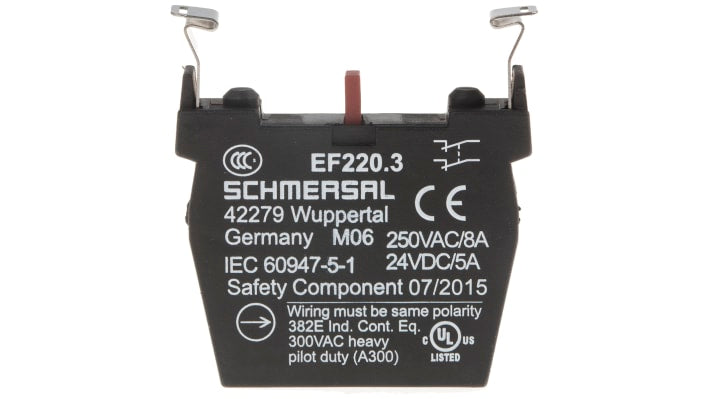 Blocco contatti Schmersal EF220.3, 2NC per arresto di emergenza, dimensioni 46 x 10 x 60 mm, grado di protezione IP20.