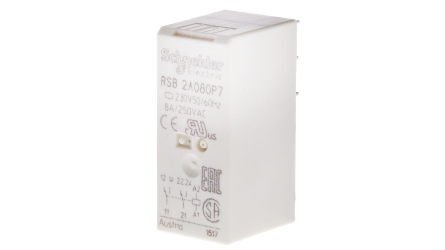 Relè di potenza Schneider Electric RSB2A080P7 Harmony, DPDT, bobina 230V ca - Contatti in lega d'argento, protezione IP40. Ideale per applicazioni standard.