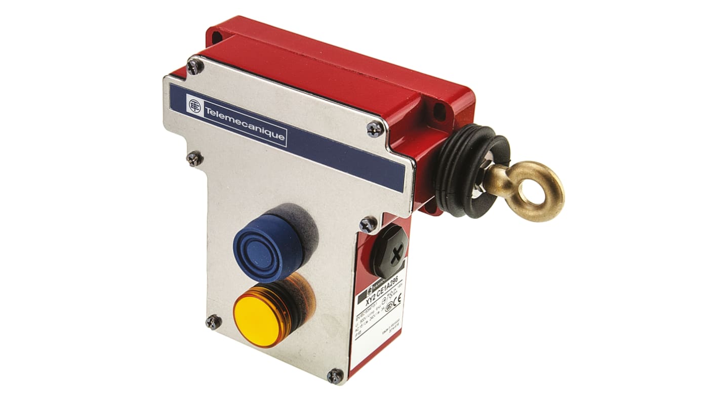 Interruttore a fune Telemecanique Sensors XY2CE1A296, 2NA 2NC, cavo 50m, montaggio destro, IP65, dimensioni 142x229x105mm.