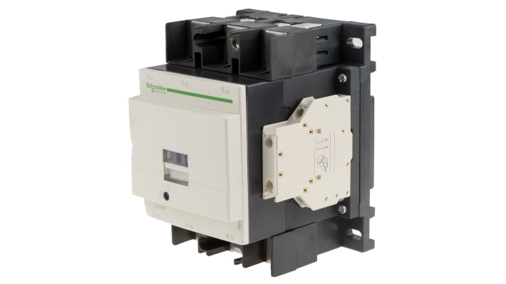 Contattore Schneider Electric LC1D1156E7, 3 poli, 3 NA, 115 A, bobina 48 V ac, montaggio su guida DIN, dimensioni 120 x 158 x 136 mm.