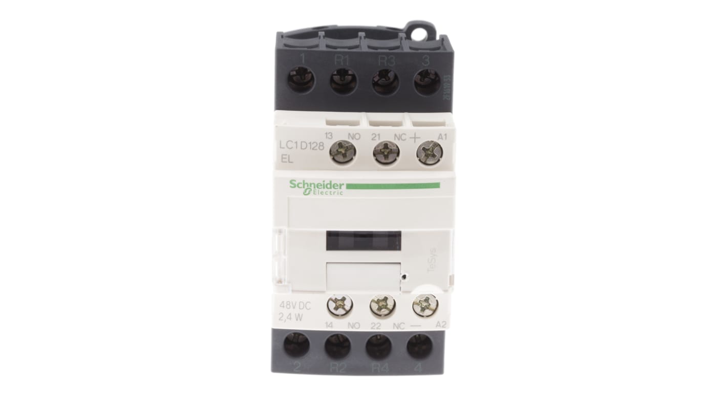 Contattore Schneider Electric LC1D128EL, 4 poli, 2 NO + 2 NC, 25 A, montaggio a pannello, dimensioni 85x45x99 mm.