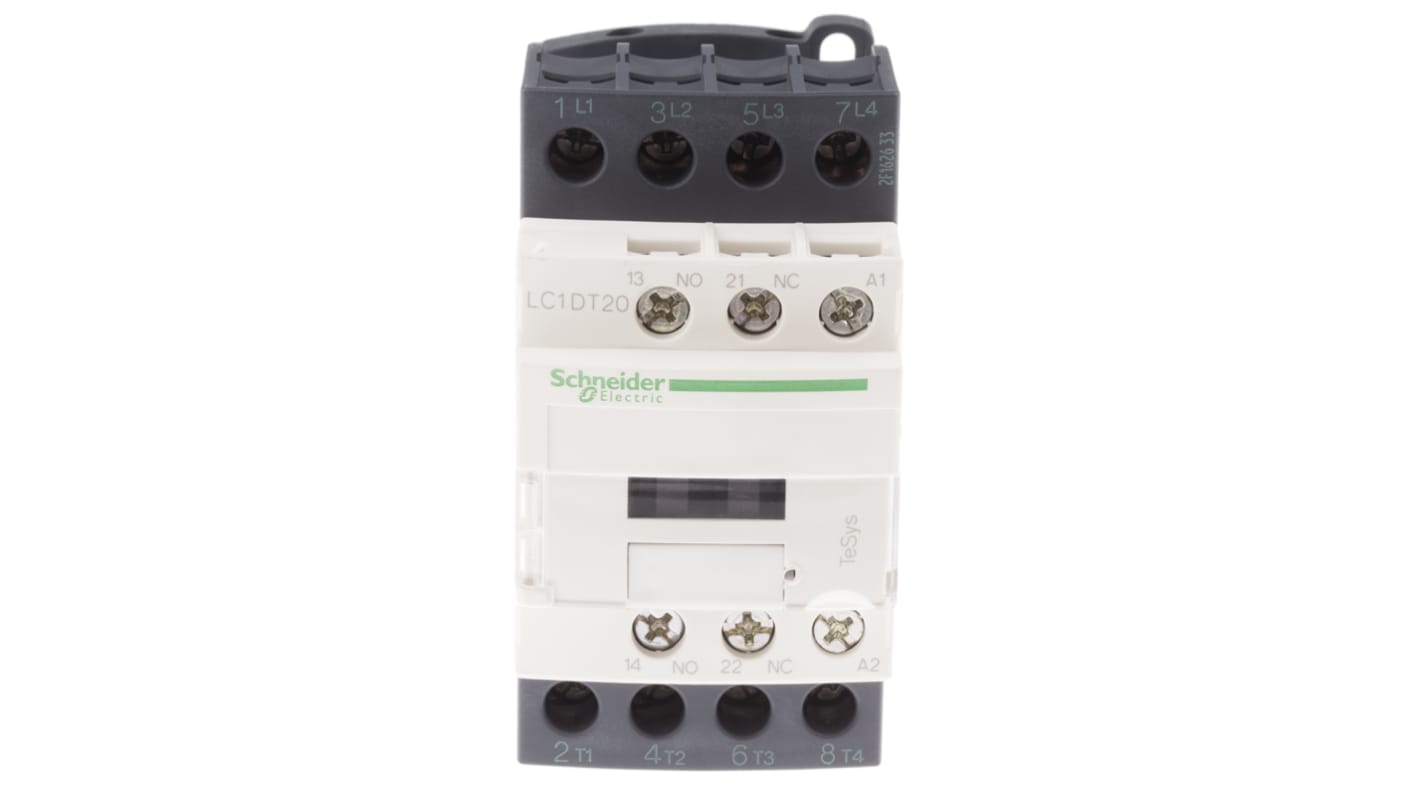 Contattore Schneider Electric LC1DT20C7, 4 poli, 20 A, bobina 36 V c.a., montaggio a pannello, dimensioni 45x85x92 mm, grado di protezione IP20.