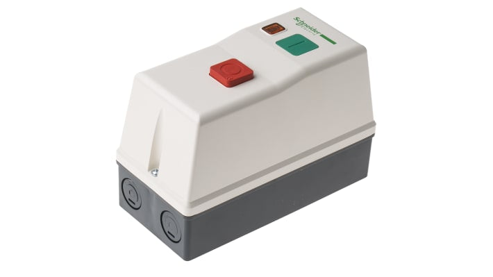Starter DOL automatico Schneider Electric LE1M35B712, 3 fasi, 2,2 kW, IP65, montaggio su guida DIN, dimensioni 160x78x108 mm.