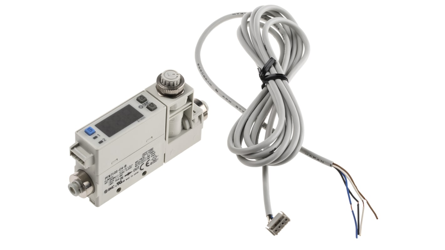 Interruttore di flusso SMC PFM710S-C4-B-W per aria secca e gas, portata 0.2-10 l/min, alimentazione 24 V c.c., design compatto.