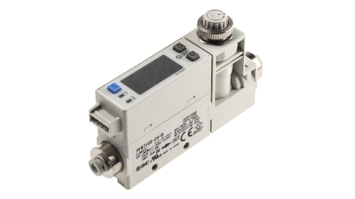 Interruttore di flusso SMC PFM710S-C4-B-W per aria secca e gas, portata 0.2-10 l/min, alimentazione 24 V c.c., design compatto.