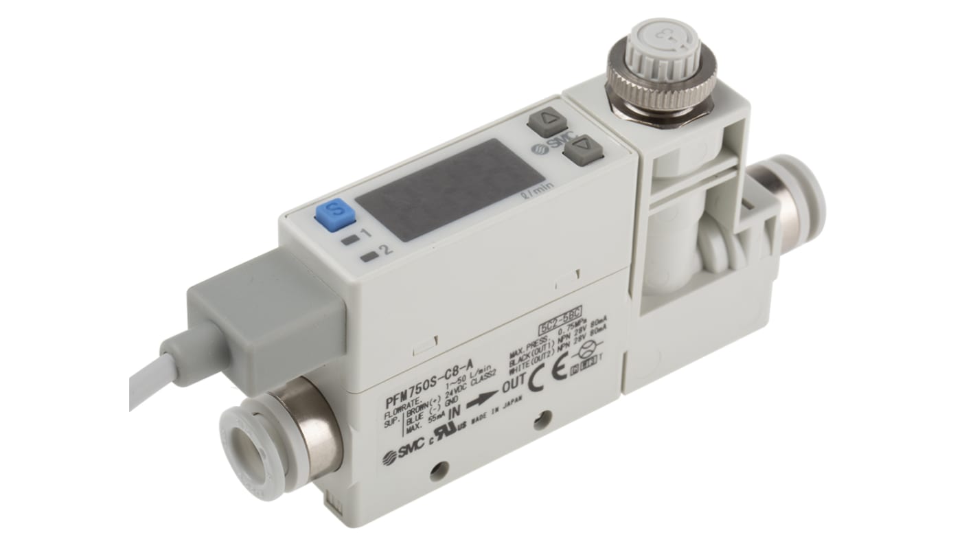 Interruttore di flusso SMC PFM750S-C8-A-W per aria secca e gas, portata 1-50 l/min, alimentazione 24 V c.c., design compatto.