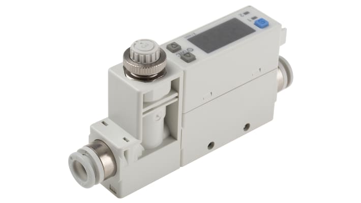 Interruttore di flusso SMC PFM750S-C8-A-W per aria secca e gas, portata 1-50 l/min, alimentazione 24 V c.c., design compatto.