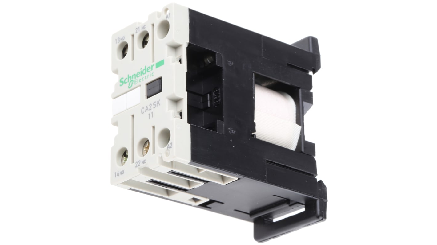 Relè di controllo Schneider Electric CA2SK11M7, 1 NO + 1 NC, montaggio su guida DIN 35 mm, dimensioni 27 x 56 x 55.5 mm.