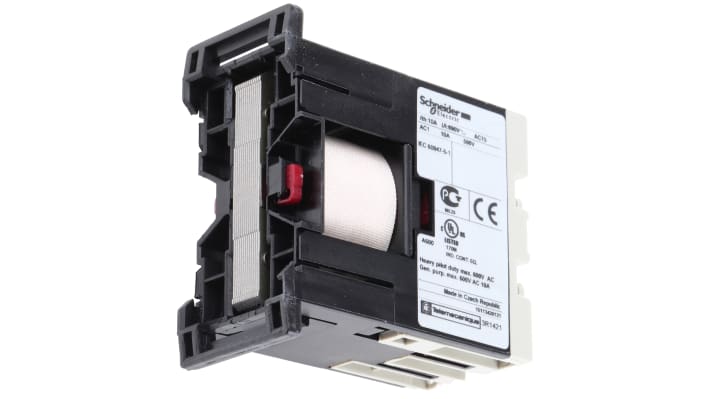 Relè di controllo Schneider Electric CA2SK11M7, 1 NO + 1 NC, montaggio su guida DIN 35 mm, dimensioni 27 x 56 x 55.5 mm.