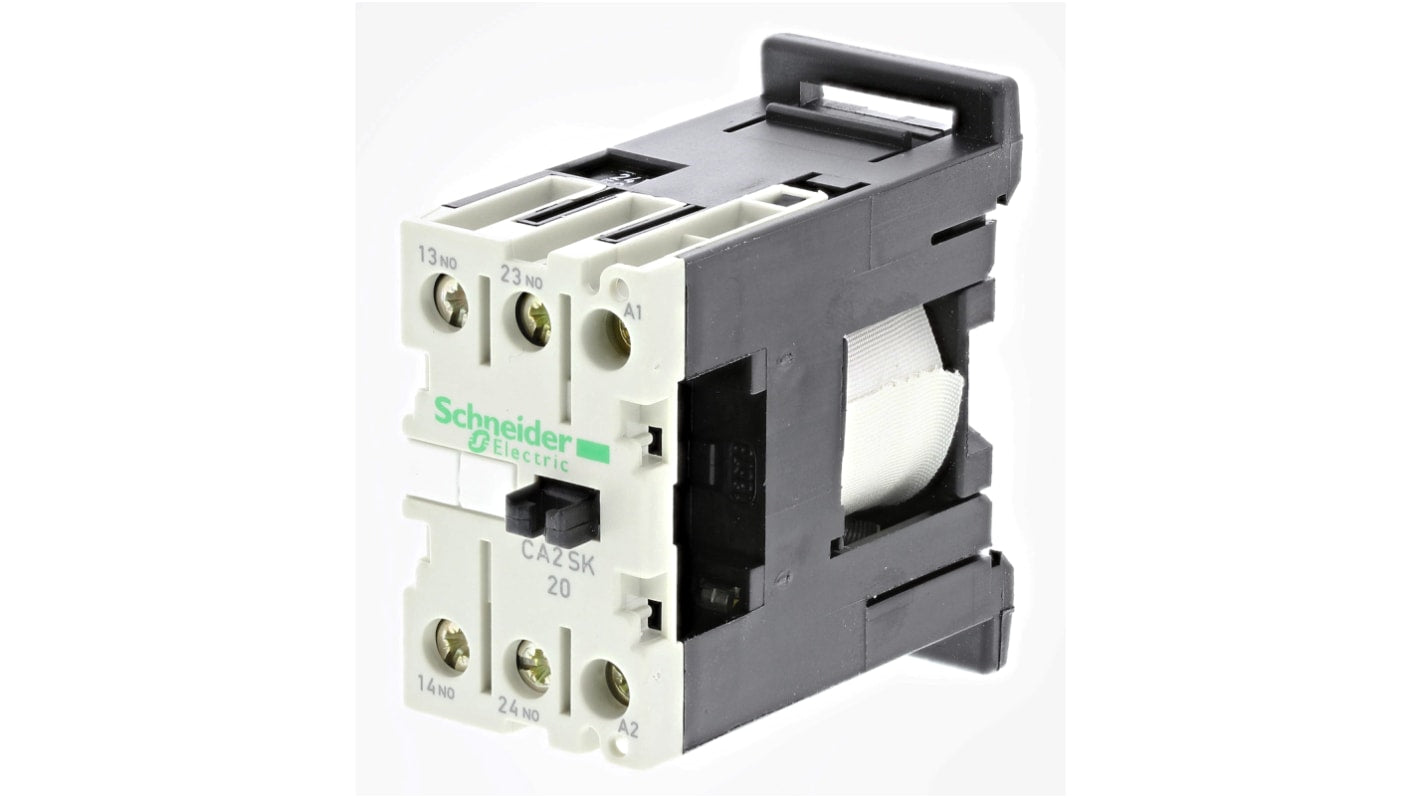 Contattore Schneider Electric CA2SK20B7, 10 A, 2 N/A, montaggio su guida DIN 35 mm, dimensioni 27 mm x 56 mm x 55.5 mm.
