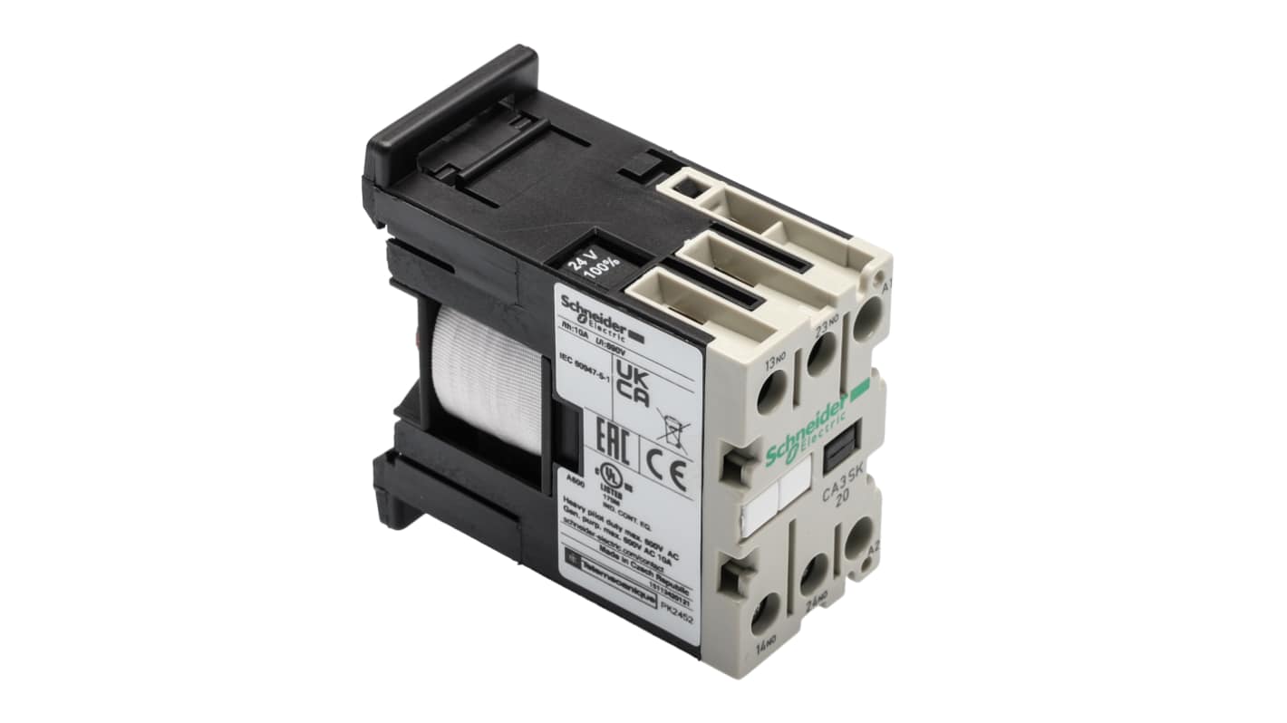 Contattore Schneider Electric CA3SK20BD, serie TeSys K, 10 A, montaggio su guida DIN, dimensioni 56x27x55.5 mm, grado di protezione IP2x.