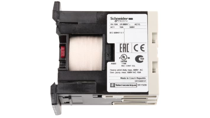 Contattore Schneider Electric CA3SK11BD, 1 NO + 1 NC, 10 A, montaggio su guida DIN, dimensioni 56x27x55.5 mm.