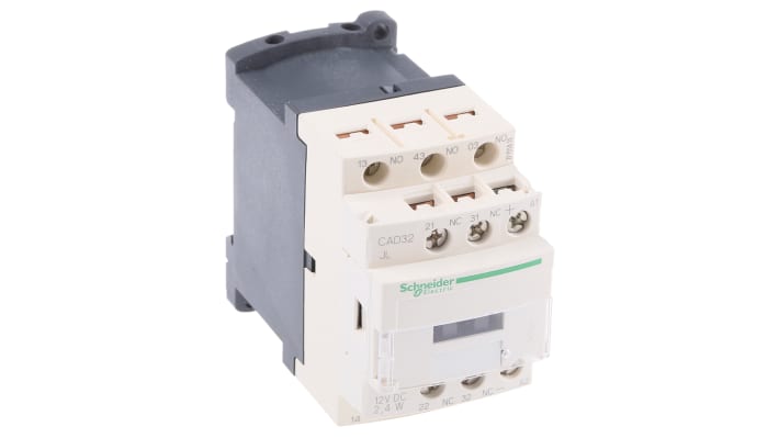 Contattore Schneider Electric CAD32JL, 2 NO + 2 NC, 10 A, dimensioni 45x77x95 mm, grado di protezione IP2x.