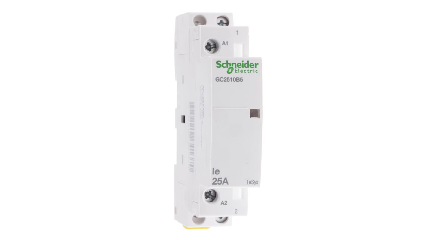 Contattore monofase Schneider Electric GC2510B5, 25 A, 24 V c.a., montaggio a pannello o su guida DIN, dimensioni 17.5 x 81 x 65 mm.