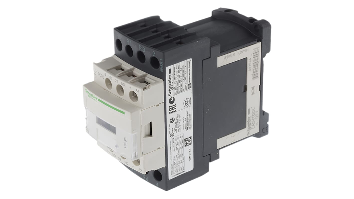 Contattore Schneider Electric LC1D098FD, 4 poli, 9 A, bobina 110 V c.c., montaggio su guida DIN, dimensioni 85x45x99 mm.