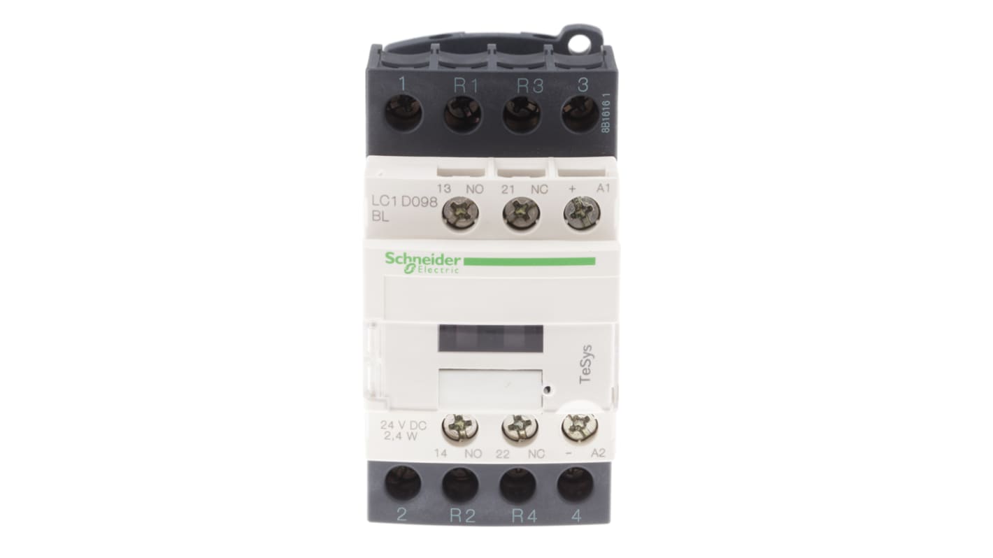 Contattore Schneider Electric LC1D098BL, 4 poli, 9 A, bobina 24 V c.c., montaggio su guida DIN, dimensioni 85x45x99 mm.