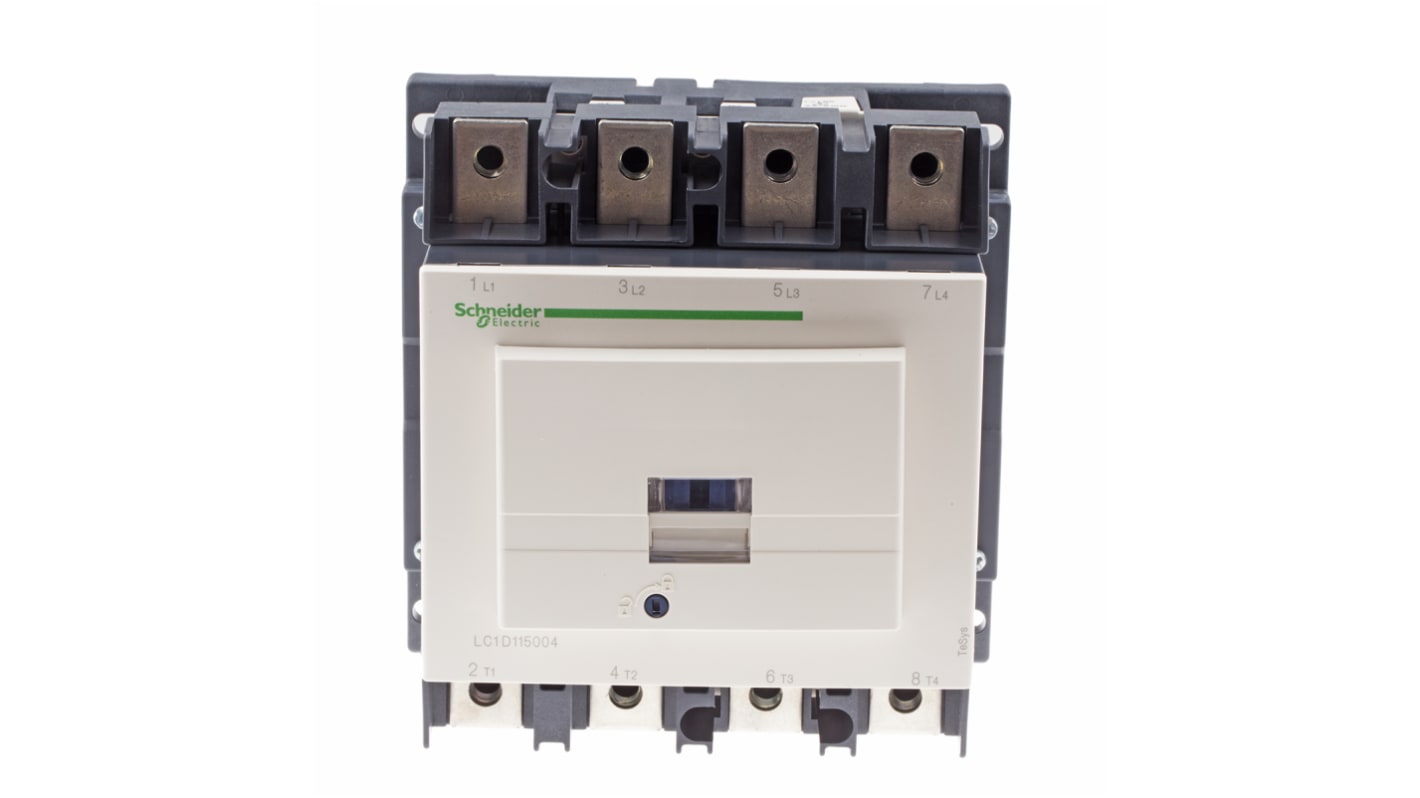 Contattore Schneider Electric LC1D1150046B7, 4 poli, 115 A, 24 V c.a., montaggio a pannello o su guida DIN, dimensioni 158x155x115 mm.