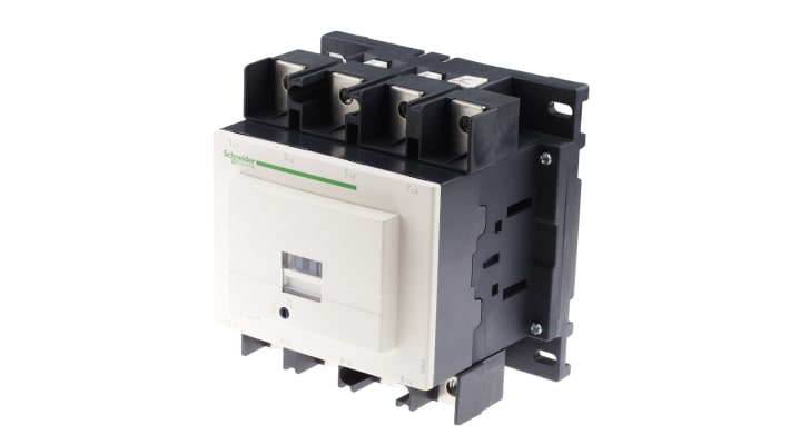 Contattore Schneider Electric LC1D1150046B7, 4 poli, 115 A, 24 V c.a., montaggio a pannello o su guida DIN, dimensioni 158x155x115 mm.