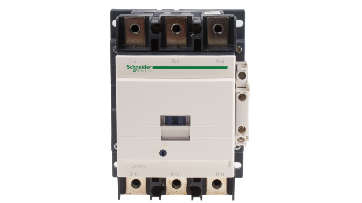 Contattore Schneider Electric LC1D1156E5, 3 poli, 115 A, bobina 48 V c.a., montaggio su guida DIN, dimensioni 158x120x136 mm.