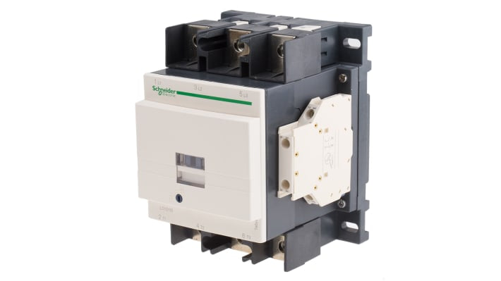 Contattore Schneider Electric LC1D1156E5, 3 poli, 115 A, bobina 48 V c.a., montaggio su guida DIN, dimensioni 158x120x136 mm.