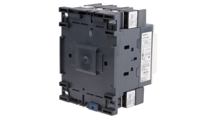 Contattore Schneider Electric LC1D1156E5, 3 poli, 115 A, bobina 48 V c.a., montaggio su guida DIN, dimensioni 158x120x136 mm.