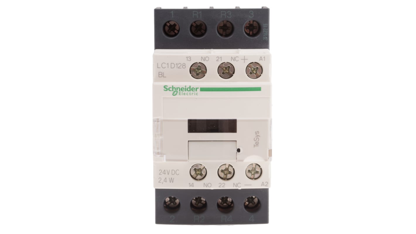 Contattore Schneider Electric LC1D128BL, 4 poli, 25 A, bobina 24 V c.c., montaggio a pannello, dimensioni 45 x 85 x 99 mm.