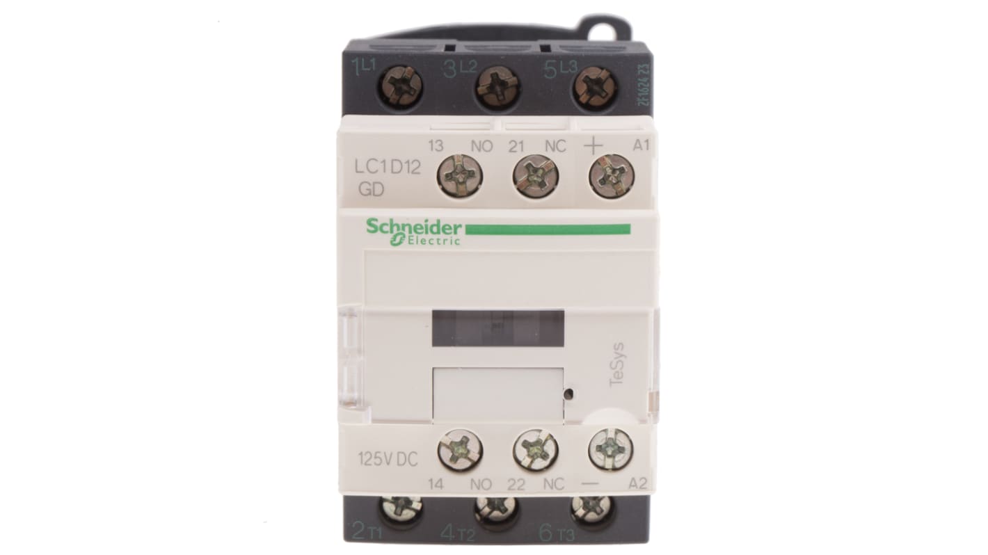 Contattore Schneider Electric LC1D12GD, 3 poli, 12 A, bobina 110 V c.c., dimensioni 45x77x95 mm, con contatti ausiliari.