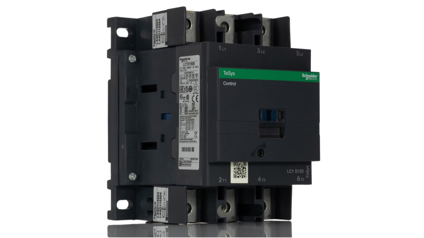 Contattore Schneider Electric LC1D1506F7, 3 poli, corrente 150 A, tensione bobina 110 V c.a., montaggio su guida DIN.