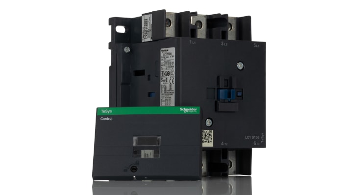 Contattore Schneider Electric LC1D1506F7, 3 poli, corrente 150 A, tensione bobina 110 V c.a., montaggio su guida DIN.