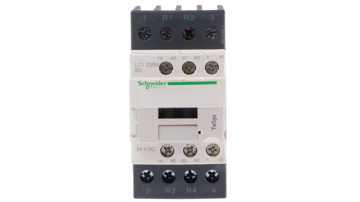 Contattore 4 poli Schneider Electric LC1D258BD, bobina 24 V c.c., corrente 40 A, dimensioni 91x45x107 mm, grado di protezione IP20.