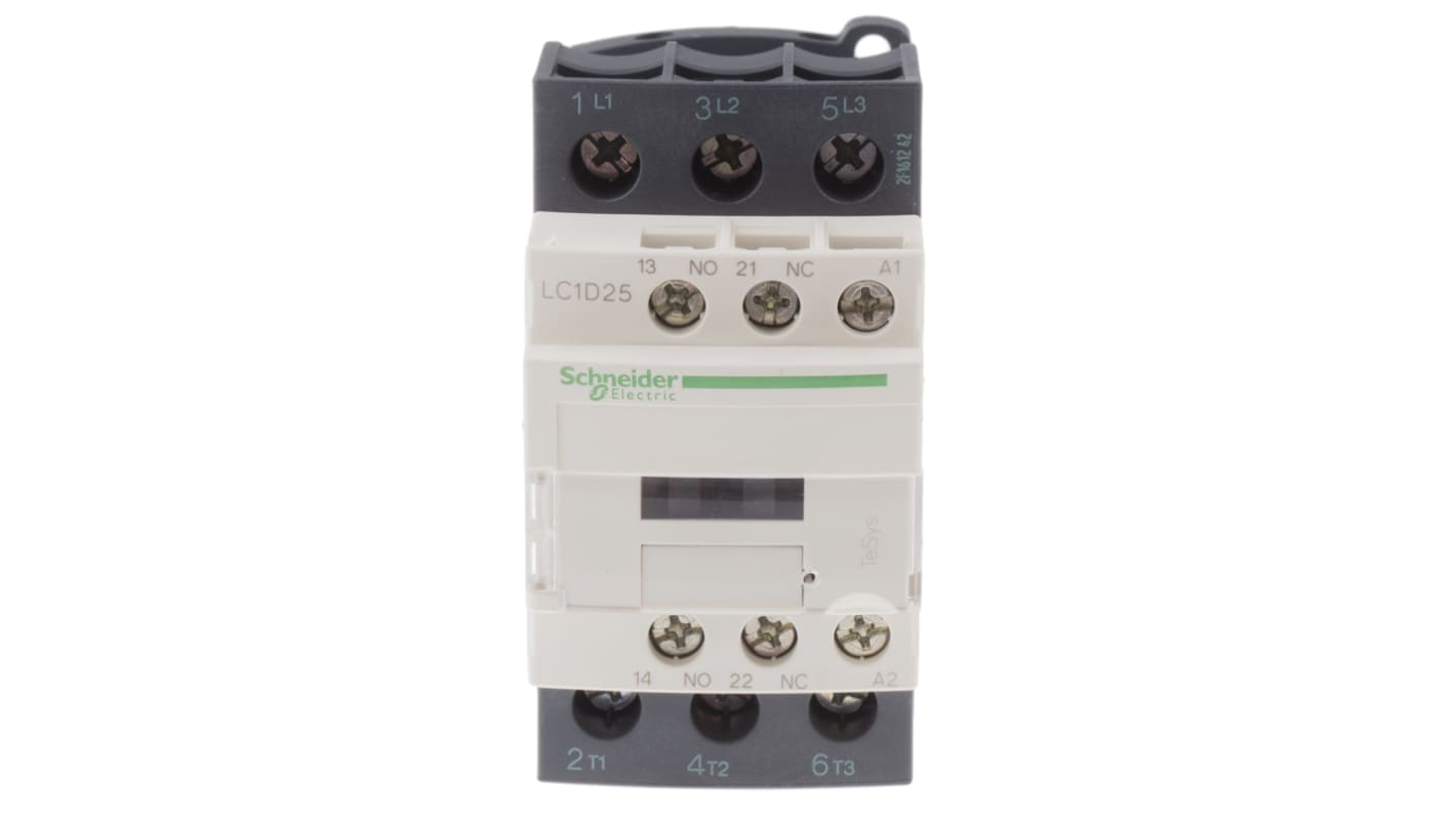 Contattore Schneider Electric LC1D25N7, 3 poli, 25 A, montaggio su guida, dimensioni 45x85x92 mm, grado di protezione IP2X.