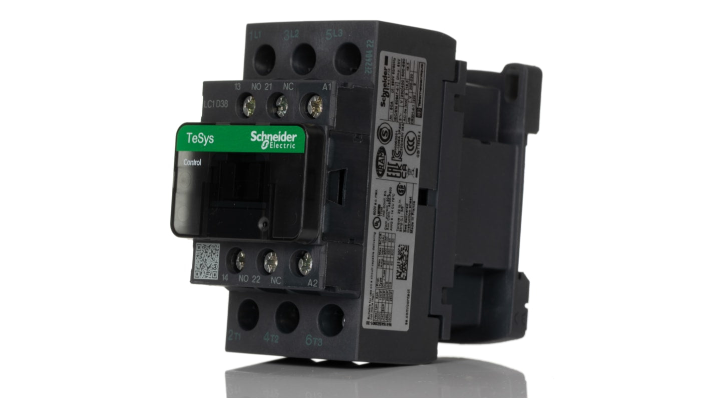 Contattore reversibile Schneider Electric LC1D38U7, 3 poli, 38 A, montaggio su guida DIN, dimensioni 45 mm x 85 mm x 92 mm.