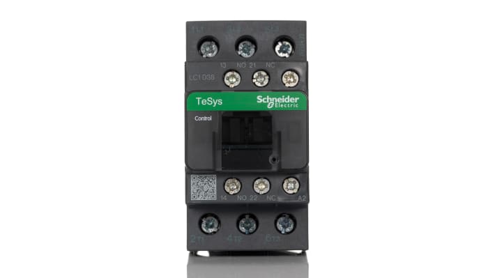 Contattore reversibile Schneider Electric LC1D38U7, 3 poli, 38 A, montaggio su guida DIN, dimensioni 45 mm x 85 mm x 92 mm.