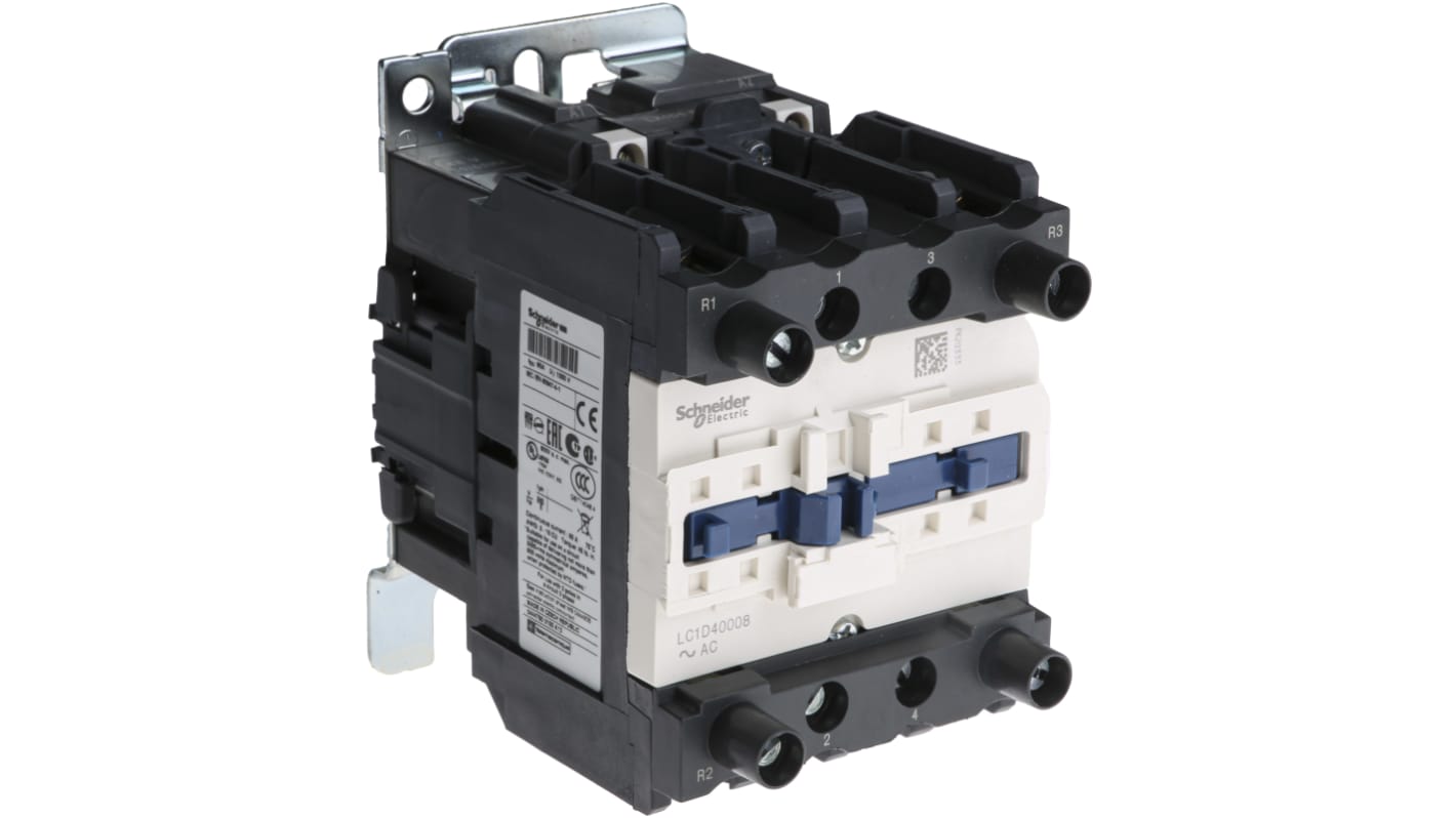 Contattore Schneider Electric LC1D40008E7 4P 2NO + 2NC 60A 48V CA per controllo motori AC-1 e AC-3. Alta affidabilità e durata.