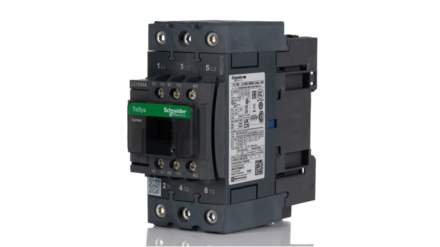 Contattore Schneider Electric LC1D50AU7, 3 poli, corrente 50 A, tensione 230 V, montaggio su guida DIN, dimensioni 122 x 55 x 120 mm.