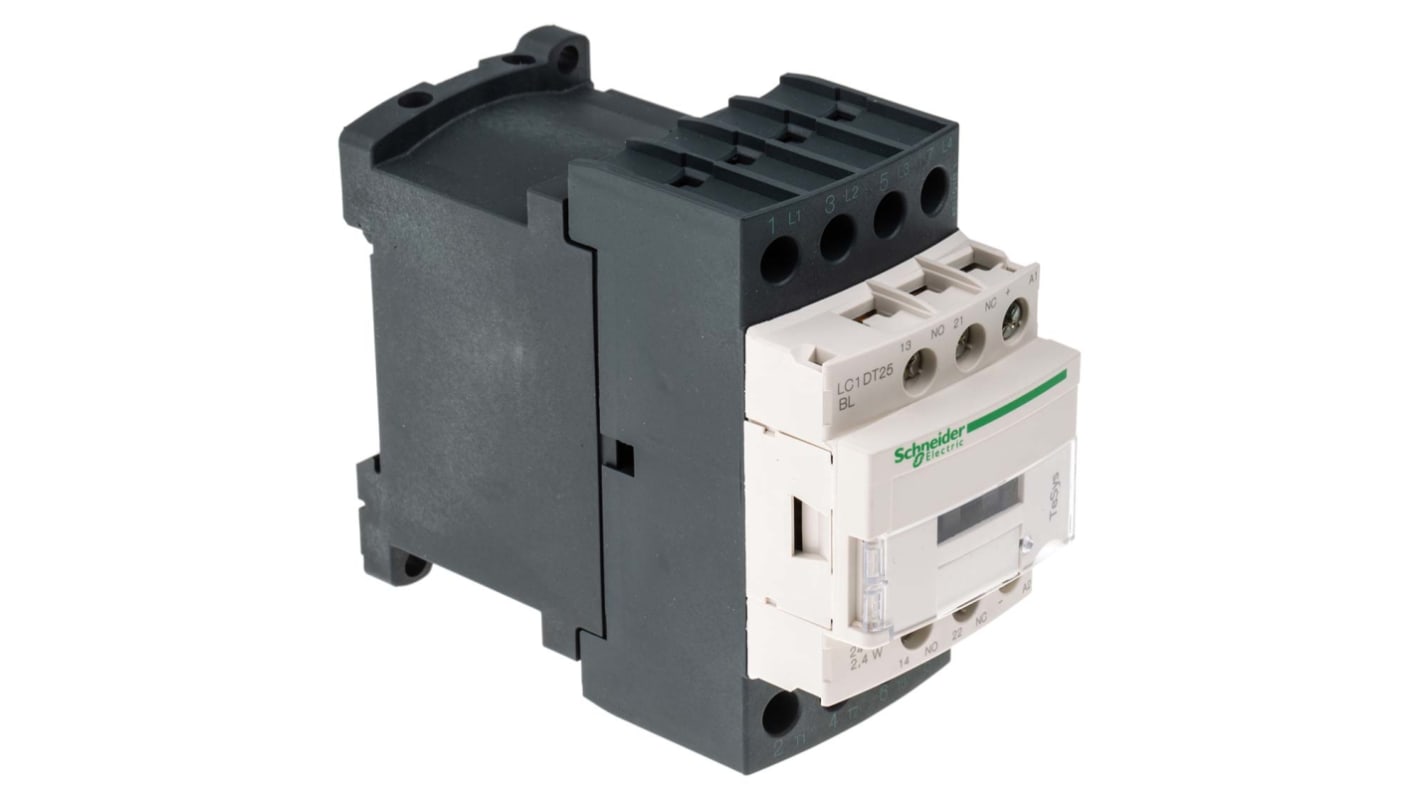 Contattore Schneider Electric LC1DT25BL, 25 A, 4 poli, bobina 24 V c.c., dimensioni 85x45x99 mm, design modulare.