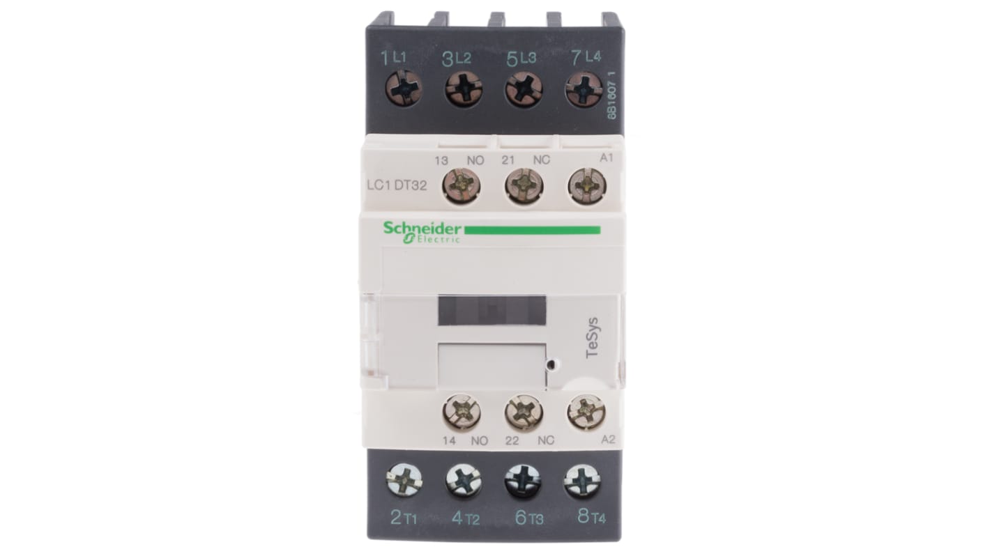 Contattore Schneider Electric LC1DT32E7, 4 poli, 32 A, bobina 48 V c.a., montaggio a pannello, dimensioni 91x45x99 mm.