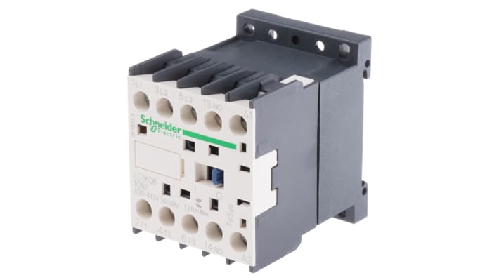 Contattore Schneider Electric LC1K0610N7, 3 poli, 3 NA, 6 A, bobina 400 V c.a., dimensioni 58x45x57 mm.