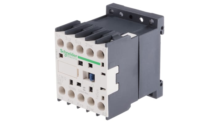 Contattore Schneider Electric LC1K1201E7, 3 poli, 12 A, bobina 48 V c.a., dimensioni 45x58x57 mm, con 1 contatto NC.