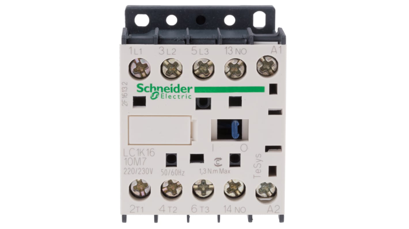 Contattore Schneider Electric LC1K1610M7, 3 poli, 16 A, bobina 220 V c.a., dimensioni 45x58x57 mm, terminali a vite.
