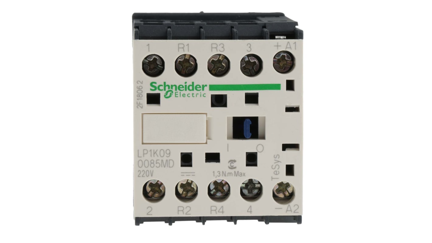 Contattore 4 poli Schneider Electric LP1K090085MD, 20 A, 230 V cc, montaggio su guida DIN, dimensioni 45x58x57 mm.