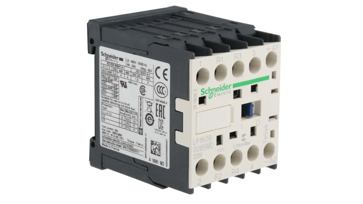 Contattore 4 poli Schneider Electric LP1K090085MD, 20 A, 230 V cc, montaggio su guida DIN, dimensioni 45x58x57 mm.