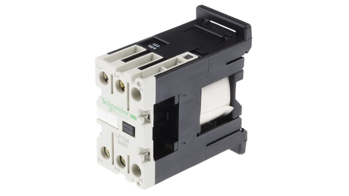 Contattore Schneider Electric LP1SK0600ED, 2 poli, 12 A, bobina 48 V c.c., montaggio su guida DIN, dimensioni 27 mm x 56 mm x 55.5 mm.