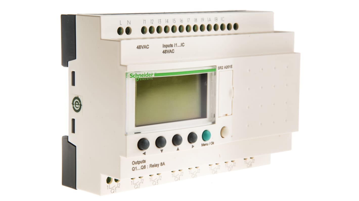 Modulo logico Schneider Electric SR2A201E per guida DIN, 12 ingressi digitali, 8 uscite relè, dimensioni 124,6 x 90 x 59,5 mm.