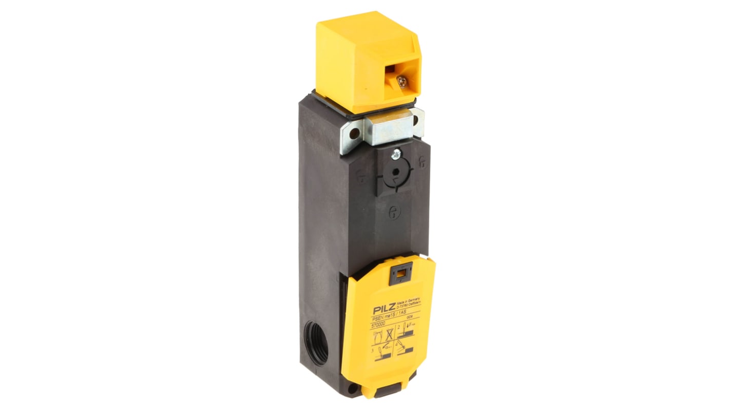 Interruttore di interblocco a solenoide Pilz PSENme, 24V, IP67, contatti 2NC e 2NO, dimensioni 184x51x42.5mm.