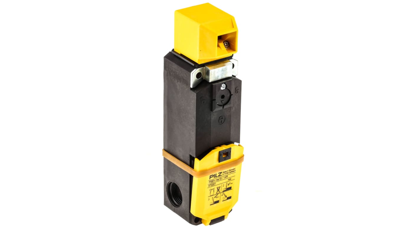 Interruttore di interblocco a solenoide Pilz PSENme, 24V, IP67, dimensioni 184x42.5x51mm, con contatti 2NC e 2NO.