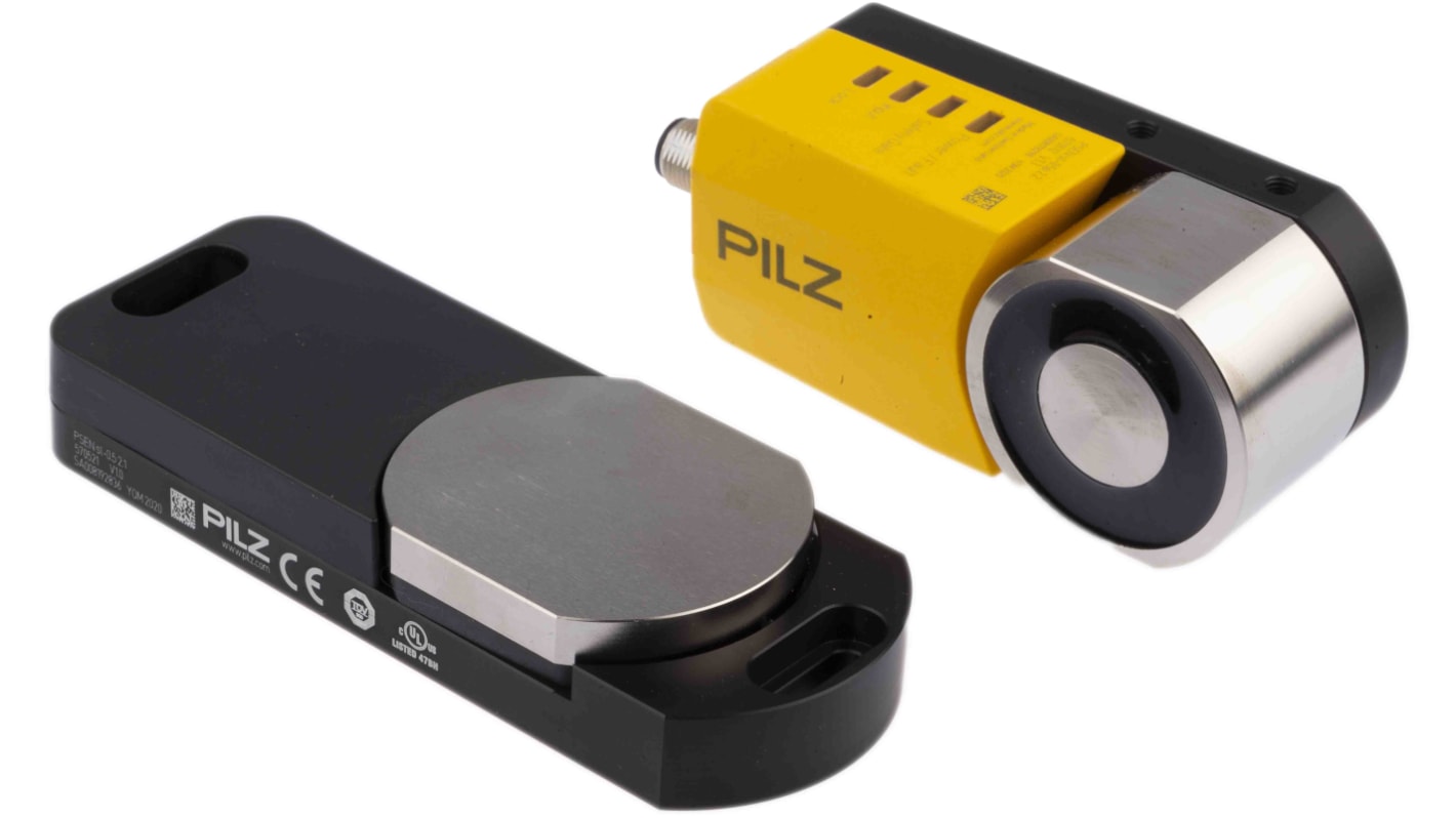 Interruttore di interblocco a solenoide Pilz PSENslock, 24V cc, IP67, con diagnostica LED e montaggio su profili 45mm. Dimensioni 122mm x 45mm x 44mm.